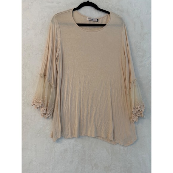 Origami Tops - Origami by Vivien Beige Lace Bell Sleeve Top XL Boho Mesh Detail OLS-4480